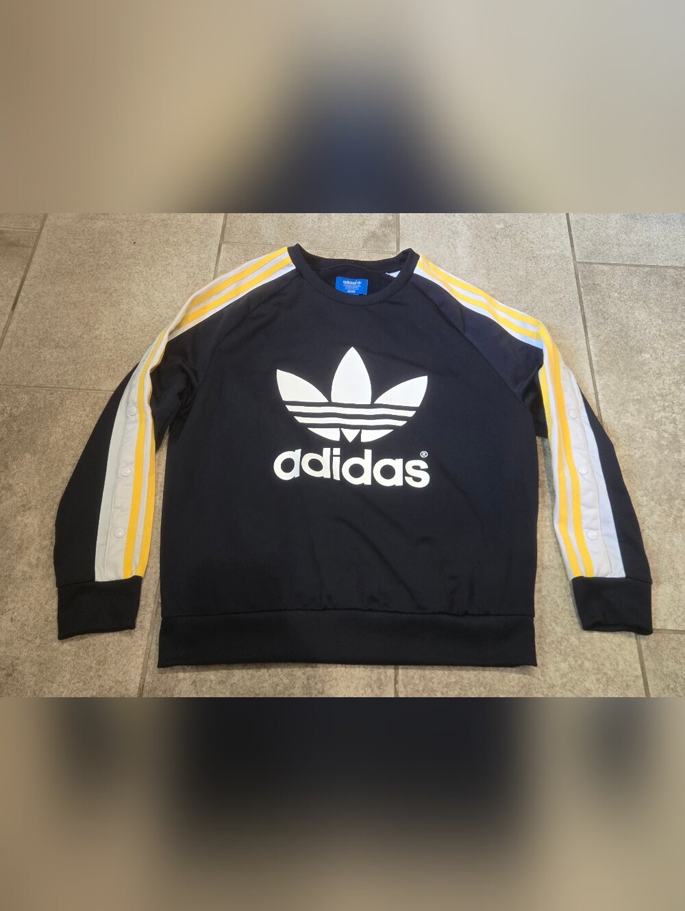 adidas Men’s Black Crewneck Sweatshirt with Yellow & White Sleeve Stripes